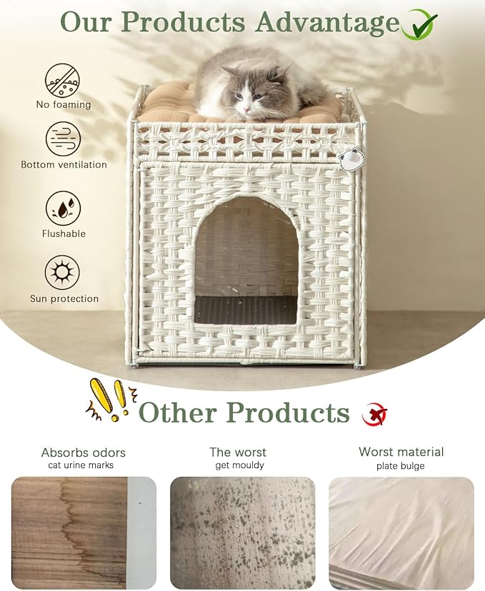 SETVSON Cat Litter Box Enclosure Furniture, Hidden PE Rattan, White | PE Rattan Kitty House with Top Fence, Fits Standard Litter Box, Included Litter Mat, 2 S-Hooks, Sturdy Metal Frame