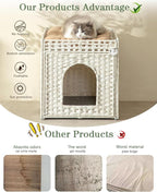 SETVSON Cat Litter Box Enclosure Furniture, Hidden PE Rattan, White | PE Rattan Kitty House with Top Fence, Fits Standard Litter Box, Included Litter Mat, 2 S-Hooks, Sturdy Metal Frame