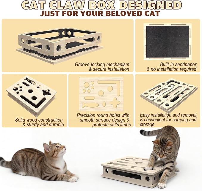 Cat Scratch Puzzle Enrichment Box, Large Solid Wood with Sandpaper Inside | Cat Nail File Enrichment Box with Sandpaper Inside, Cat Nail File Box Stress Free Alternative to Clippers and Grinders