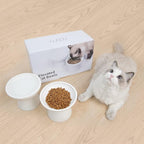 CEEFU 2-Pack Elevated Ceramic Cat Bowls Extra Wide for Food & Water | Anti Vomiting, Whisker Friendly, Shallow Food Dish and Deep Water Bowl, Lead&Cadmium-Free, Raised Height for Cats, White