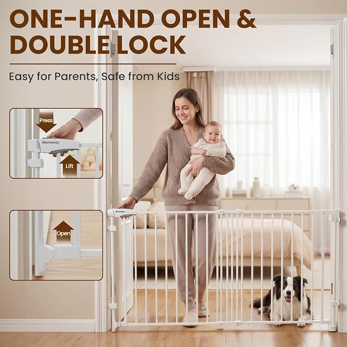 Mumeasy 30" Tall Baby Gate for Stairs, 36.2-55.1" Expandable Hardware Mounted (Drill Needed), Removable No Bottom Bar Dog Gate, Auto Close Wide Walk Thru Safety Gate for Doorways, Pets& Toddlers,White