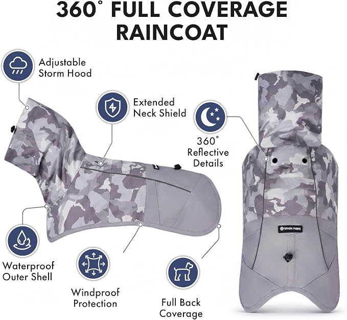 Spark Paws Dog Raincoat, Waterproof Windproof Rain Jacket, for Small Medium Large Extra Large Dogs, Reflective Breathable Full-Body Coverage Dry Suit - Camo Grey - M