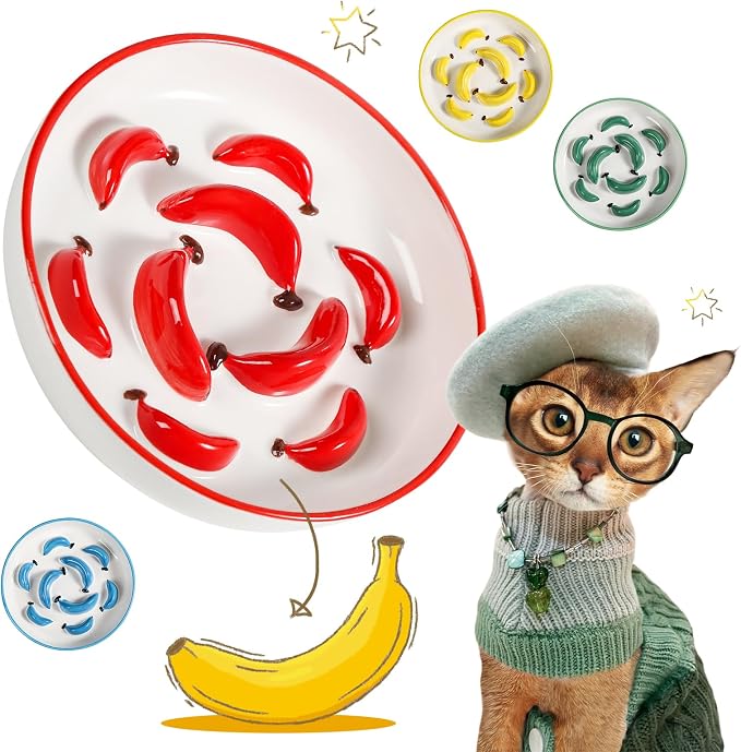 Ceramic Slow Feeder Cat Bowl, 6.3'' Wide Whisker Friendly Cat Puzzle Feeder | Slow Eating 5x, Anti Vomit Shallow Slow Eating Cat Dish for Dry and Wet Food, Contrasting Colors, 6.3" X 1.2"