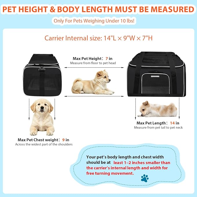 Petskd Top and Side Expandable Small Pet Carrier Airline Approved, Black | 17"Lx11"Wx9.5"H, for Alaska Airlines, Pets Under 10 Lbs, Lockable Zippers,Soft-Sided, Anti-Scratch Mesh