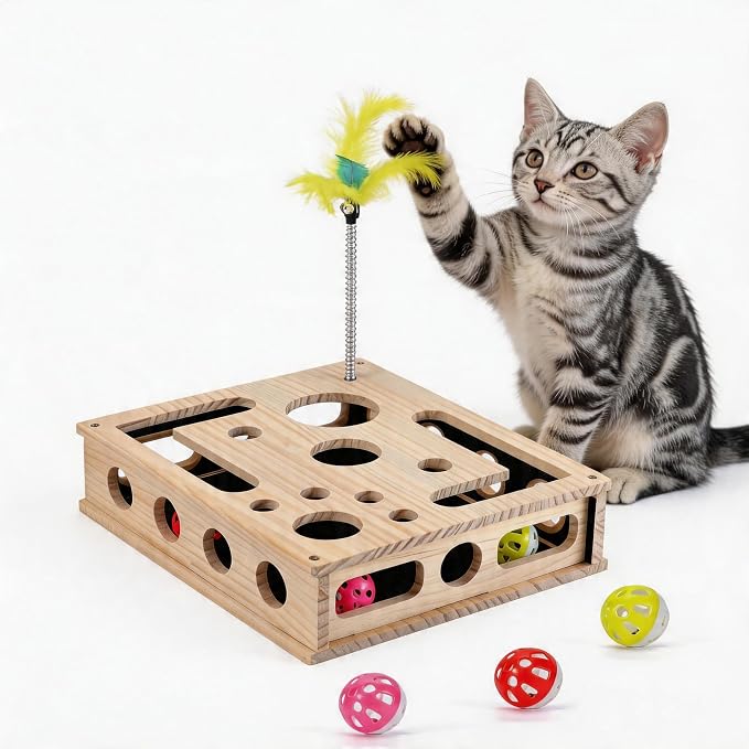 Cat Toys for Indoor Cats – Interactive Wooden Puzzle Box | with Nail File Scratcher, 3 Jingle Balls & Feather Wand, Hunting Play Toy for Bored Felines