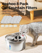 Veehoo 8 Pack Replacement Filters & Pre-Filter Sponges for 135oz Fountain | 135oz 304 stainless steel cat water fountain fit, 4 month supply