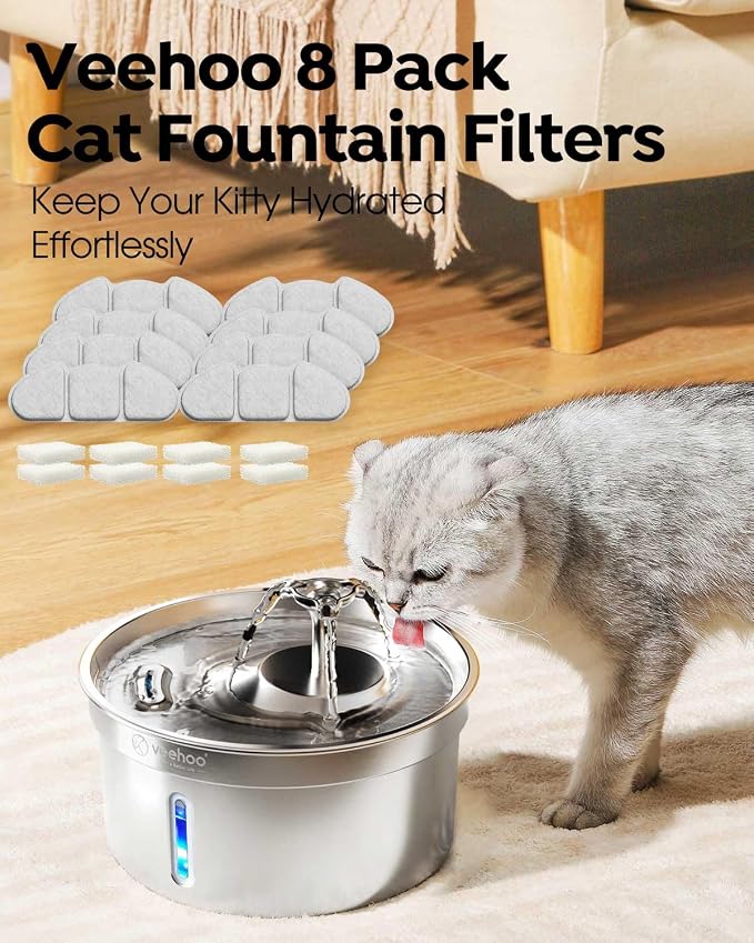 Veehoo 8 Pack Replacement Filters & Pre-Filter Sponges for 135oz Fountain | 135oz 304 stainless steel cat water fountain fit, 4 month supply