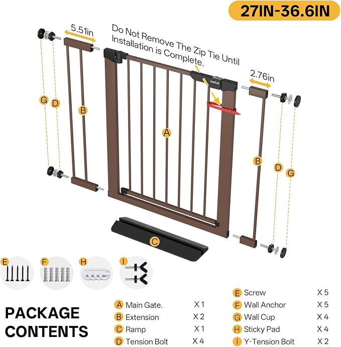 InnoTruth 27-36.6 in Wide Baby Gate for Stairs and Doorways, Brown | Indoor Metal Dog Gate for Pets, Auto Close 2 Way Swing Walk Through Door, Double Lock & Y-Bolts, Pressure or Hardware Mount