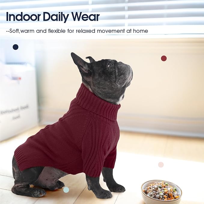 IECOii Dog Sweaters for Medium Dogs Girl Boy,Christmas Knit Doggy Sweatshirt with Sleeve,Turtleneck Thick Warm Dog Sweaters for Winter,Pullover Knitwear for French Bulldog,Boston Terrier (Burgundy,L)