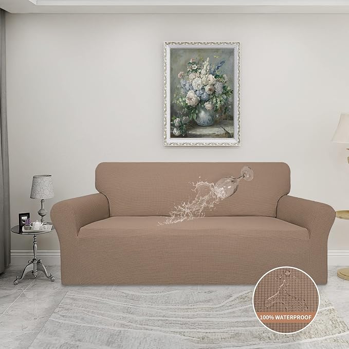 Easy-Going 100% Waterproof Couch Cover, 3 Cushion Oversized Sofa Cover | Leakproof Sofa Slipcover, Stretch Jacquard Furniture Protector Against Stain Spill from Kids, Pets, Dog, Camel