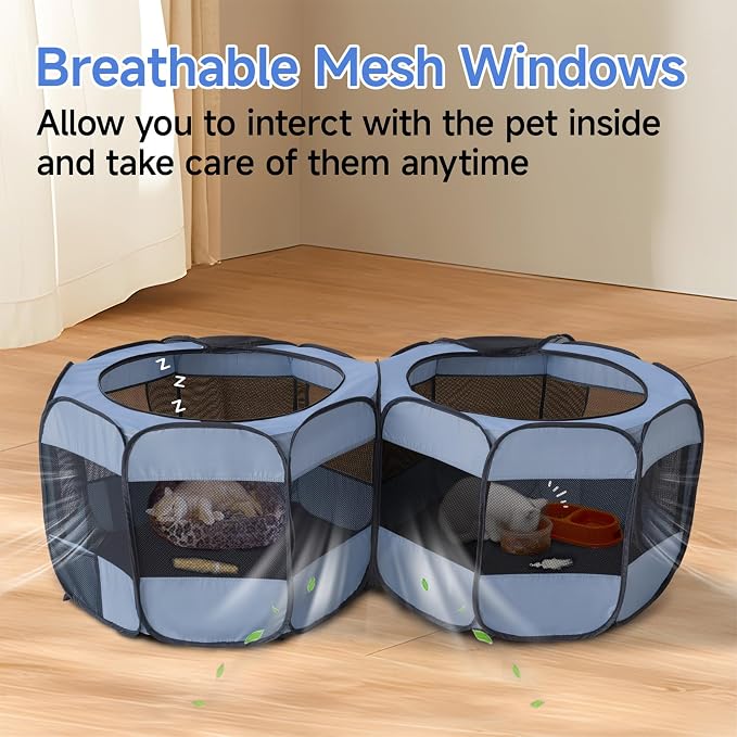 2-in-1 Dog Playpen, Pop Up Cat Puppy Pet Playpen, Indoor Outdoor Cats Enclosed, Cat Tent Crate Cage Kennel, Portable Playpen for Kitten and Small Animals(No Divider, Unified Space)