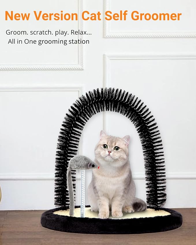 Large Cat Self Groomer, Heavy Woven Sisal Pad with Mouse Toy | Easy To Clean, Enhanced Brush Holder, Durable Sisal Base, Durable Brush, Cat Face Scratchers, Cat Body Massager, Black