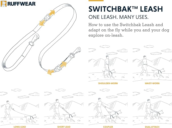 Ruffwear, Switchbak Hands‑Free Dog Leash, Adjustable 2.5–7 ft, Double‑Ended Lead with Lockable Crux Clips and Sliding V‑Rings, Waist‑Worn, Over‑Shoulder or Handheld, River Rock Green
