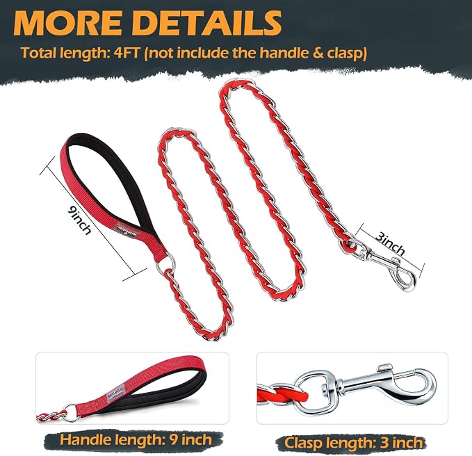 S-ETOVUS-Chain Dog Leash, Bite-Proof Metal Leash, with Padded Handle Red | Three Sizes 7.25FT/5.2FT/4FT, Woven From Nylon Rope And Chain, Durable And Bite-Resistant, Comfortable With Padded Handles