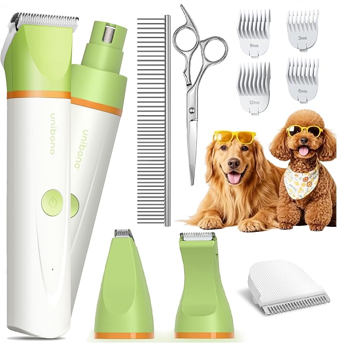 Dog Grooming Kit with Paw Trimmer, All-in-One Low Noise Electric Rechargeable Small Quiet Pet Clippers Foot Dog Hair Shaver with Stainless Steel Scissors and Comb for Dogs at Home (Green)