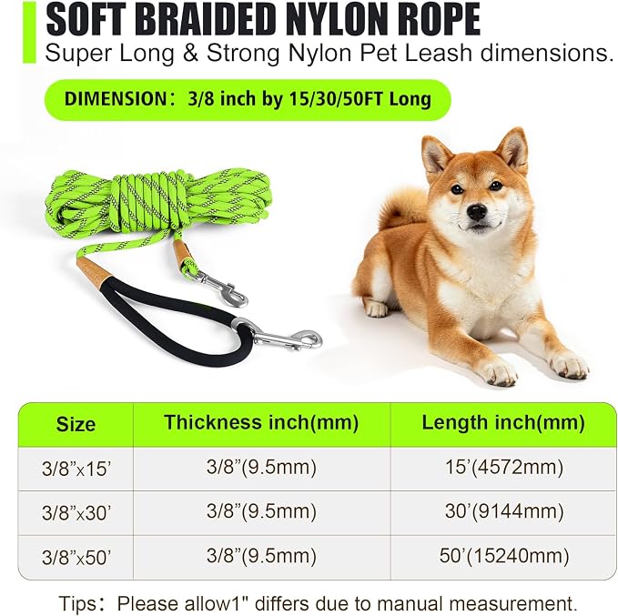 lynxking Long Dog Leash Reflective 15FT 30FT 50FT Check Cord Dog Training Leash Padded Handle Heavy Duty Puppy Rope for Small Medium Large Dog