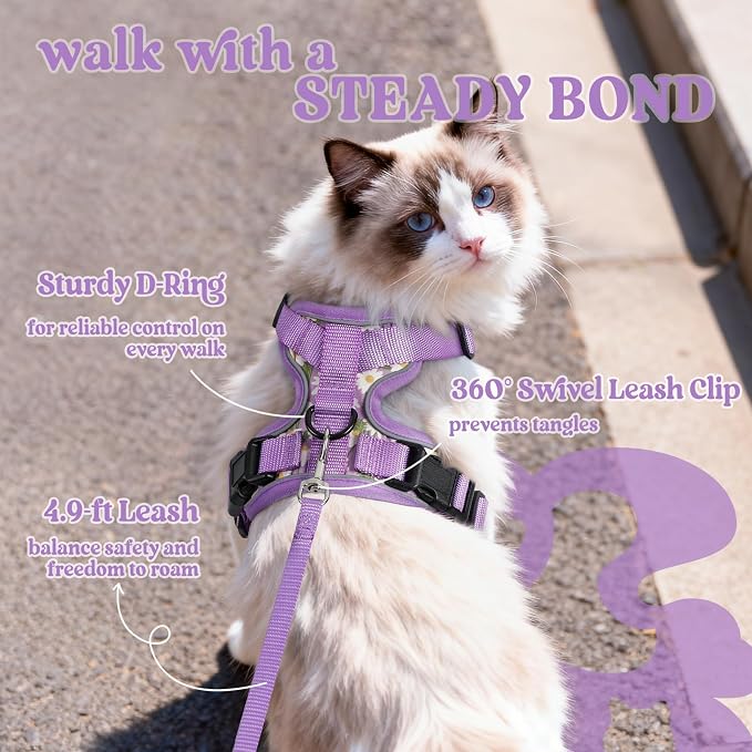 rabbitgoo Cat Harness and Leash Set, Escape Proof Vest, Purr-ple Daisy | Soft Breathable Mesh, Easy Adjustable Fit, Snap Buckles, Sturdy Clip, Reflective Strips, for Average Cats Walks, S