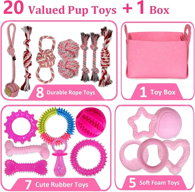 20 Pack Puppy Teething Chew Toys for Small Dogs, Bulk Dog Toys for Puppies | Pink Rubber Rings, Ropes & Balls, Puppy Teething & Dental Care, Relieves Puppy Boredom, Stops Destructive Chewing