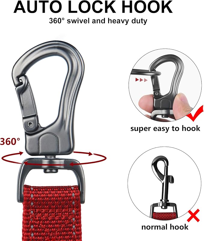 Twoear 6FT 1IN Heavy Duty Dog Leash for Large Dogs with 2 Padded Handles | Traffic Handle Extra Control, Auto Lock Hook, Strong Reflective Walking Leash for Night Safety, Medium and Large Breeds,Red