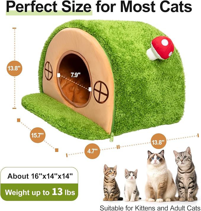 Cat House for Indoor Cats - Tree Hole Cat Bed Cave Hideaway | Enclosed Calming Shelter for Small Medium Pets, Removable & Washable Cushioned Pillow, Cute Kitten Bed with Anti-Slip Base