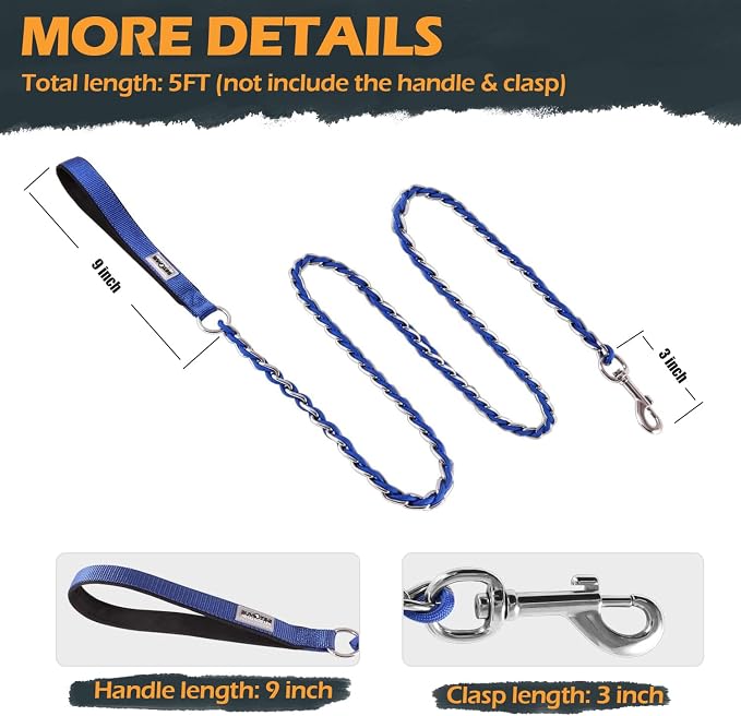 S-ETOVUS-Chain Dog Leash, Bite-Proof Metal Leash, with Padded Handle | Three Sizes 7.25FT/5.2FT/4FT, Woven From Nylon Rope And Chain, Durable And Bite-Resistant, Comfortable With Padded Handles