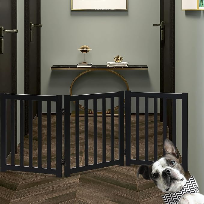 LZRS Wooden Free Standing Foldable Dog Gate Indoor – 60" W x 24" H,Step-Over Safety Pet Gate for Doorways, Stairs, Hallways, Indoor Dog Barrier for Small to Medium Dogs & Puppies, Black