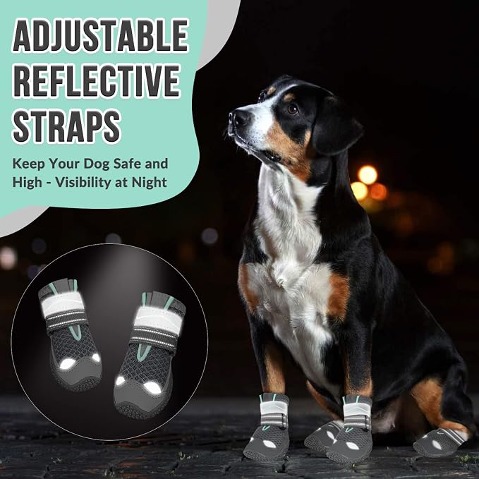 SlowTon Dog Shoes for Large Small Medium Dogs - Breathable Dog Boots for Summer Hot Pavement, Paw Protector for Outdoor Walking Winter Snow, Anti-Slip Rubber Dog Booties for Hardwood Floor (Grey, 4)