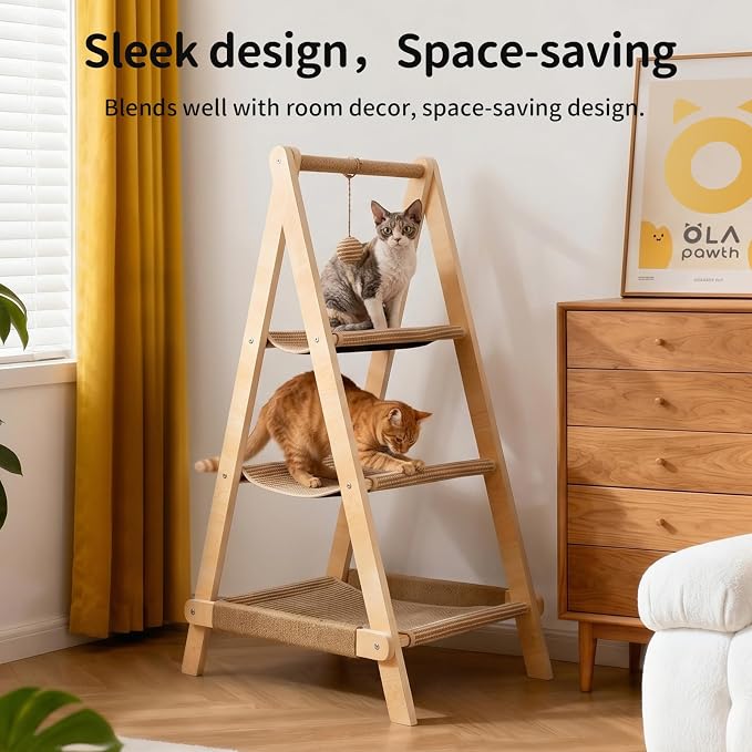 Stylish Plywood A-Frame Cat Tower, 3-Tier Perch, Sisal Scratching Board & Open Hammock, Space-Saving Movable Cat Tree Fits Most Home Styles