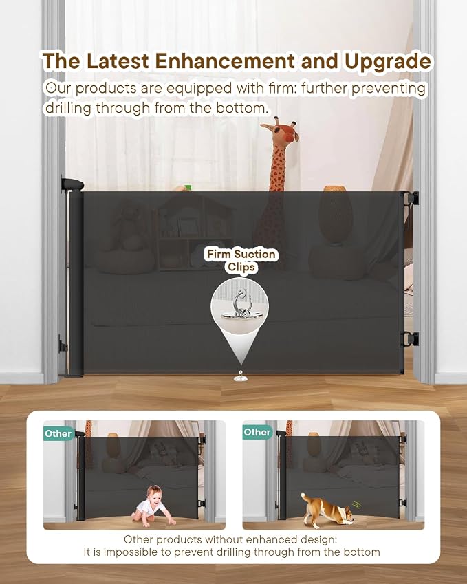 Retractable Baby Gates, 34" Tall Fits Up to 55" Wide, Black | No Bottom Bar Mesh Baby & Pet Gate with Anti-Crawling Hook, One-Hand Operation, Safety Lock for Stair, Doorway,Indoor/Outdoor