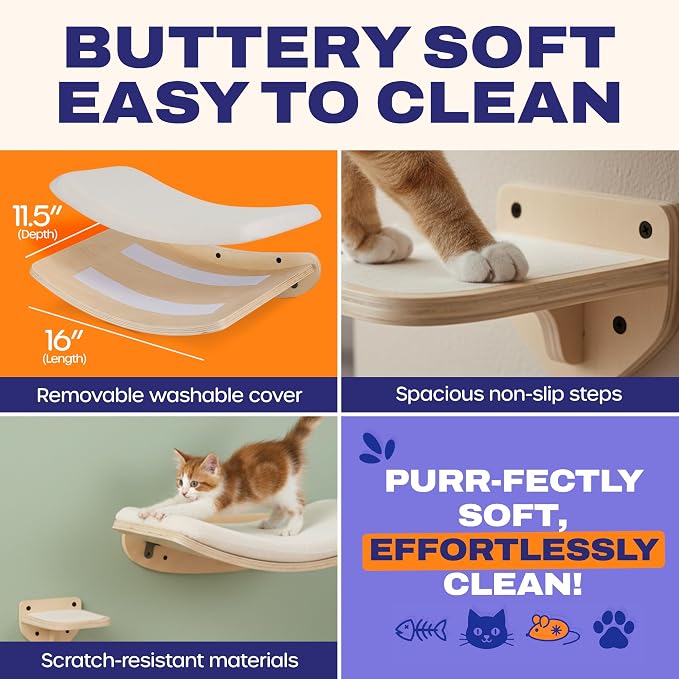 Cat Wall Shelves, Natural Floating Cat Furniture with Bed & Steps