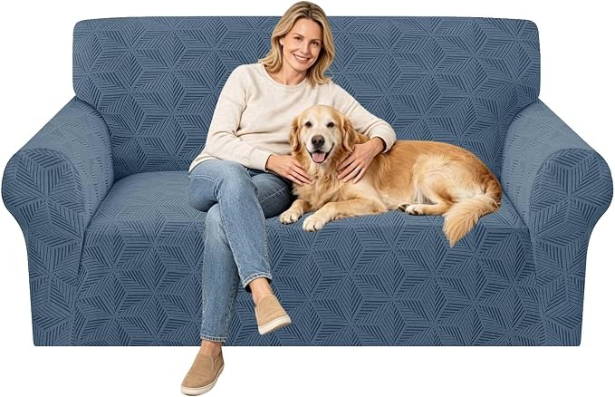 ZNSAYOTX Stretch Couch Cover, 1 Piece Sofa Covers for 2 Cushion Couch, Jacquard Loveseat Slipcovers with Elastic Bottom Thickened Furniture Protector for Dog Cat Pet (Medium, Dark Grey)
