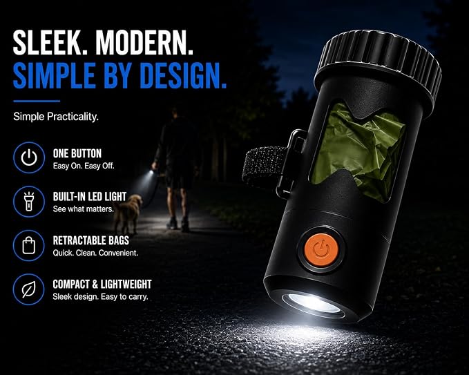 Smart Hands-Free Poop Bag Holder With Rechargeable LED Light No Batteries to Replace The Ultimate Pet Gift Unique Retracting Function Small Durable Lightweight Comes With 15 bags and Charging Cable