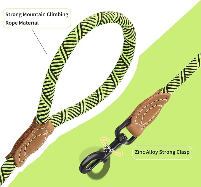 Mile High Life Dog Leash with Genuine Leather Connection, 6 FT/5 FT/4 FT | Rope Leash, Heavy Duty 360° Swivel Metal Clasp, for Small Medium & Large Dogs (Lime Green, 48 Inch)