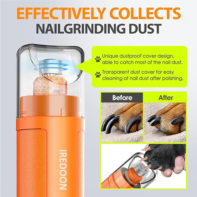 Dog Nail Grinder with 4 LED Lights, 3 Speeds Super Quiet for Pets | Low Vibration, Electric Pet Nail Grinder with 4 LED Light, Painless Paw Grooming & Smoothing for Small to Large Dogs (Orange)