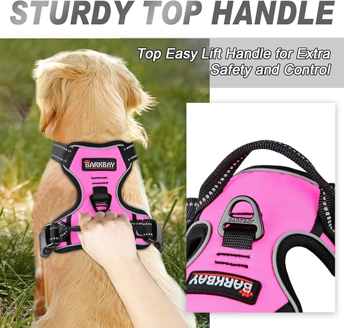 BARKBAY No Pull Dog Harness Front Clip Heavy Duty Reflective Easy Control Handle for Large Dog Walking(Pink,XL)