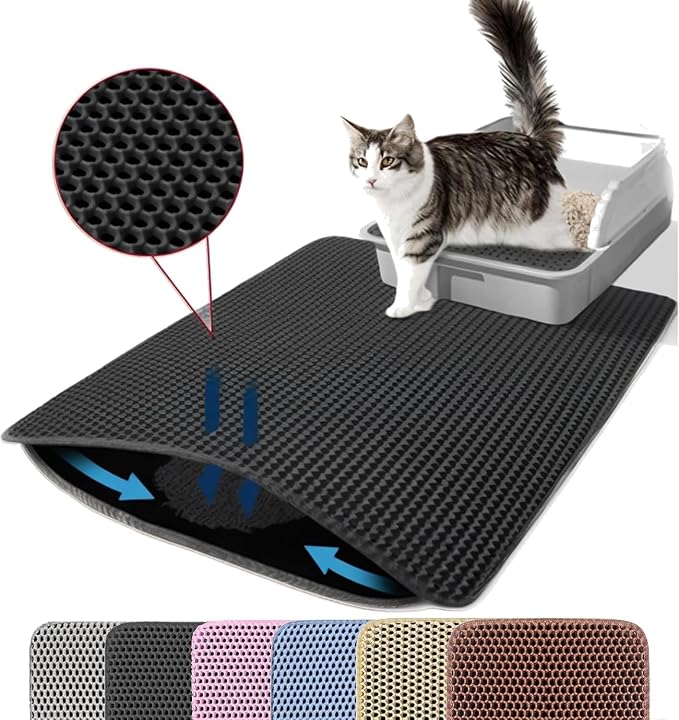 Extra Large Cat Litter Mat, Double Layer Honeycomb Design | 30x22”, Reduces Litter Tracking, Easy to Clean, Waterproof, Non-Slip, Soft on Paws, Scratch Resistant, Black, XL