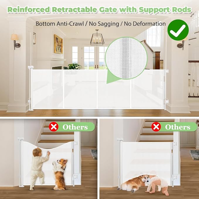 Reinforced 155" Extra Wide Retractable Baby Gate, Prevents Crawling Under | Indoor/Outdoor Retractable Dog Gate, Space-Saving, Easy to Use, Scratch-Resistant Mesh, Safety Lock, Easy Install, White