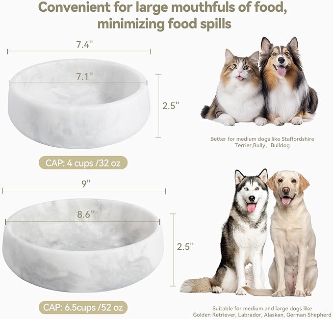 White Dog Bowl, Marble Dog Food Bowl, Non-Slip Water Dish Large, Heavy Duty Pet Bowl for Large Dogs, African Natural Marble, Holds 6 Cups(6lbs)