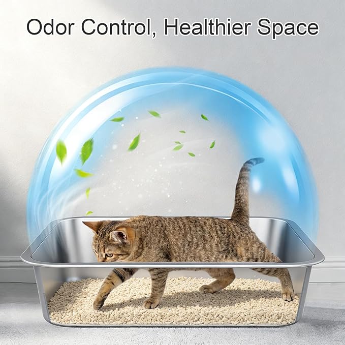 Stainless Steel High Sided Cat Litter Box | Sturdy Metal, Odor-free, Cat Litter Non-stick and Easy to Clean, Ideal for Indoor Cats, Kittens and Multicat Houses