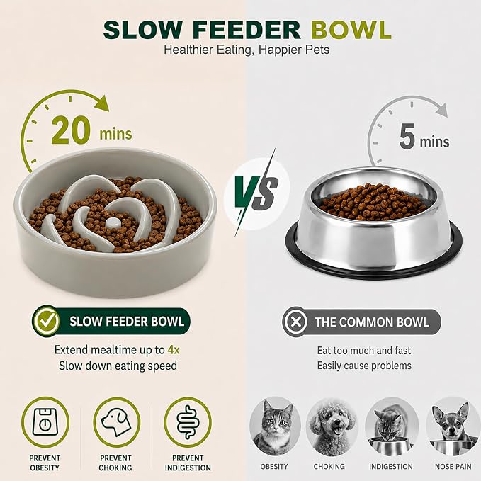 Ceramic Slow Feeder Dog Bowls with Raised Stand, 0.9 Cups Elevated Slow Feeding Bowl for Small Dogs and Cats, Non-Slip Pet Food Dish Helps Reduce Gulping and Bloating