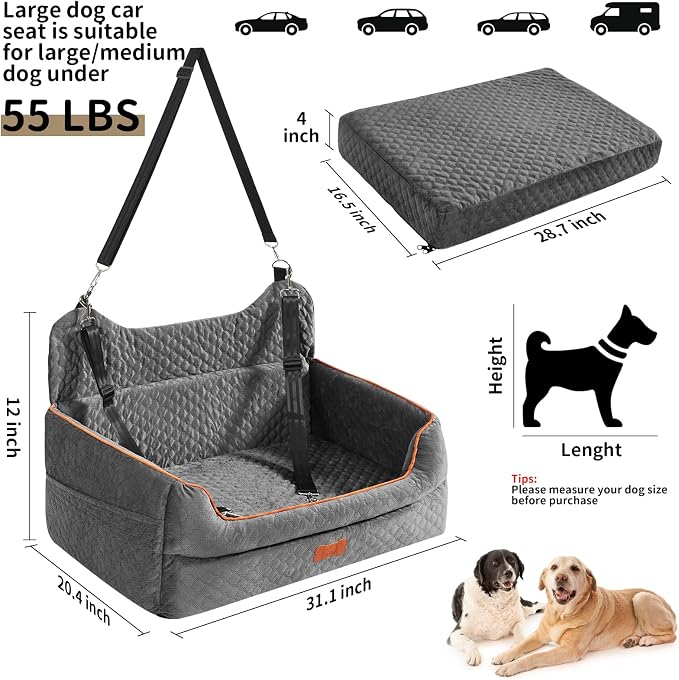 Dog Car Seat for Large/Medium Dogs - Memory Foam Dog Booster Seat for Under 55Lbs or 2 Small Dogs-Detachable and Washable Travel Bed with Thick Cushion and Storage Pockets-Grey