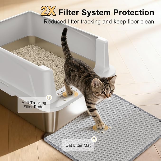 FURTIME Stainless Steel Cat Litter Box, Small Cats Metal Litter Box | High-Sided Open-Top Easy-Clean Litter Pan, Non-Stick, Anti-Leakage, Odor-Free, Comes with Scoop & Mat, 17"×13"×8.4"