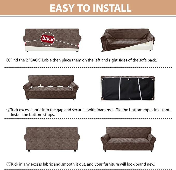 ZNSAYOTX Stretch Couch Covers for 2 Cushion Couch, 1-Piece Loveseat Covers Sofa Slipcover, Furniture Protector with Elastic Bottom for Dogs Geometrical Jacquard Fabric (Medium, Brown)