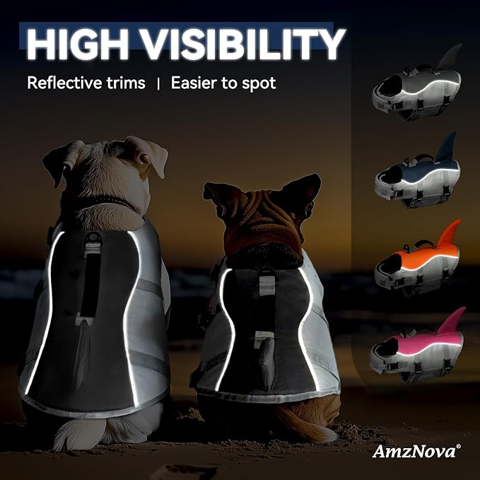 AMZNOVA Dog Swim Vest Shark Dog Life Jacket Life Vest | Lifejacket with Shark Fin & Handle for Boating & Swimming, High Visibility Adjustable for Doggy Cat Puppy, L, Grey