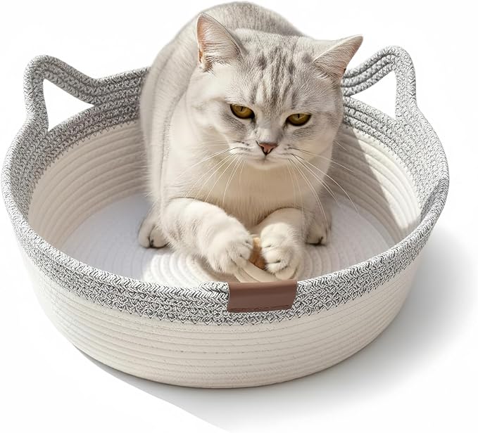 Instinct Basket for Cats - Handwoven Cotton Rope Enrichment Bed with Attached Toy Tail, Scratchable Interactive Pet Nest Features Flexible Walls to Fight Boredom & Protect Furniture (Gray, S)