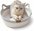 Instinct Basket for Cats - Handwoven Cotton Rope Enrichment Bed with Attached Toy Tail, Scratchable Interactive Pet Nest Features Flexible Walls to Fight Boredom & Protect Furniture (Gray, S)