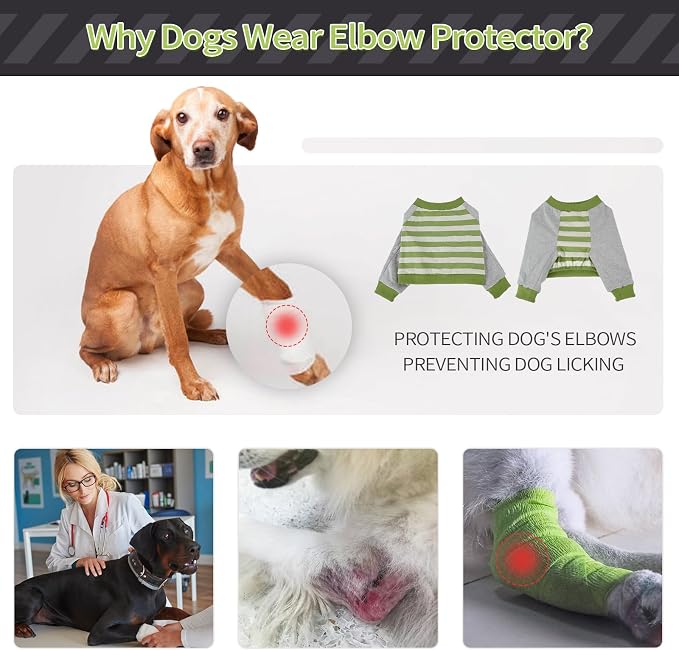 FUAMEY Dog Recovery Sleeve with Elbow Protector, Green Stripes, M | Dogs Shirt Stop Licking Joints, Pet Long Sleeve Suit, Protecting Dog's Front Leg Arm Wounds, Cover Skin Conditions