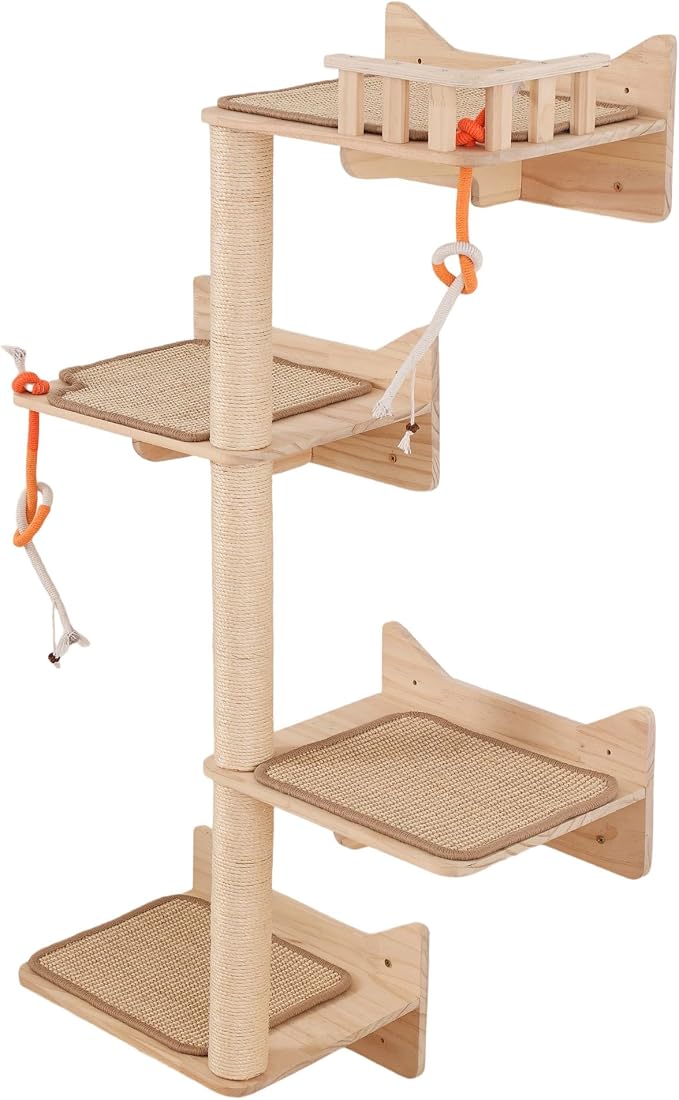 Wall Mounted Cat Tree, Cat Wall Shelves with Sisal Mats | Cat shelves for wall with wall mounted perch, sisal scratching posts, cat shelf and space saving design for indoor cats