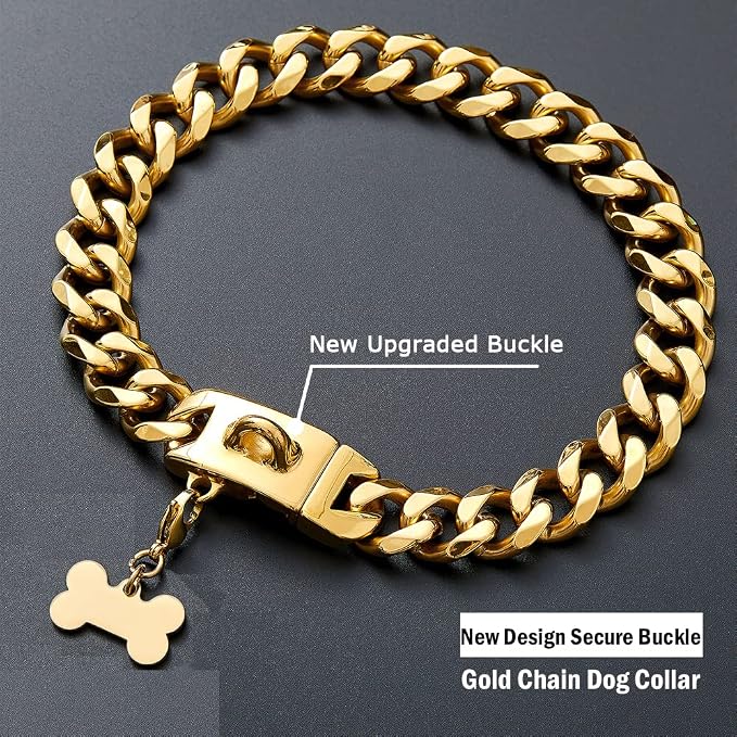 Gold Dog Chain Collar with Design Secure Buckle & ID Tag,18K Cuban Link Strong Heavy Duty Chew Proof Metal Walking Collar for Large Dogs(19MM 20'')