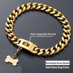 Gold Dog Chain Collar with Design Secure Buckle & ID Tag,18K Cuban Link Strong Heavy Duty Chew Proof Metal Walking Collar for Medium Dogs(19MM 16'')
